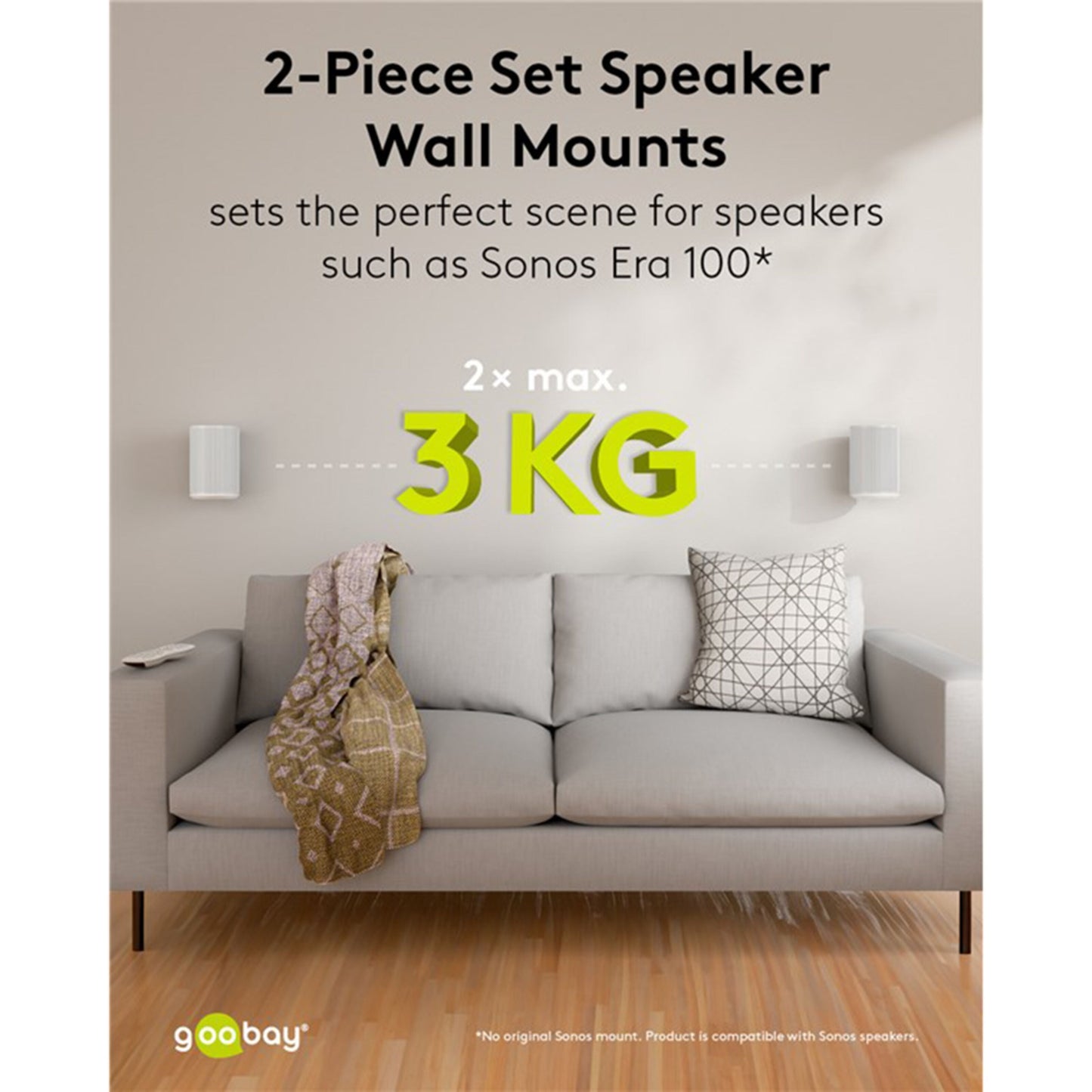 2 stk. hvide Sonos Era 100 monteret over grå sofa med hvidt 2-pak beslag til Sonos Era 100, max belastning 3 kg.