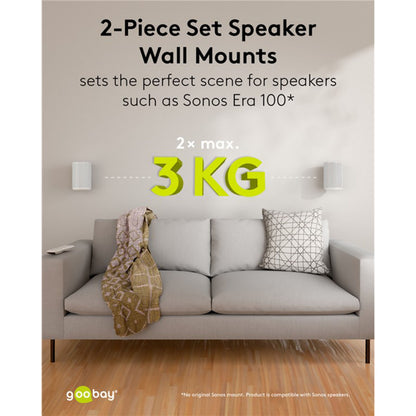 2 stk. hvide Sonos Era 100 monteret over grå sofa med hvidt 2-pak beslag til Sonos Era 100, max belastning 3 kg.