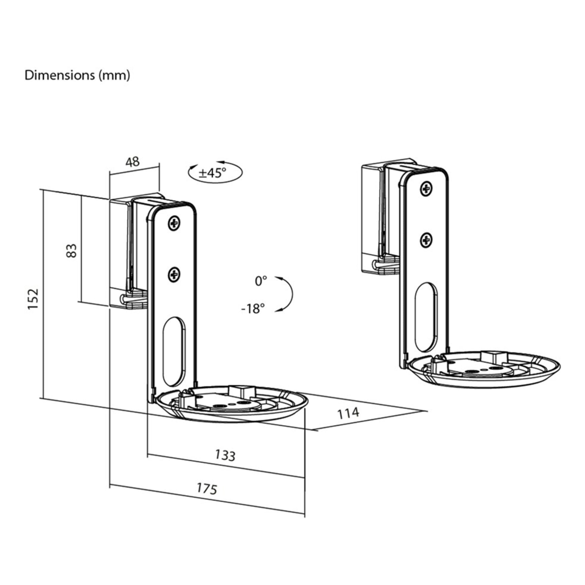 Sonos Era 100 vægbeslag 2-pak hvid, 152x175x48 mm, rund fod, tilt 0° til -18°, rotation ±45°.