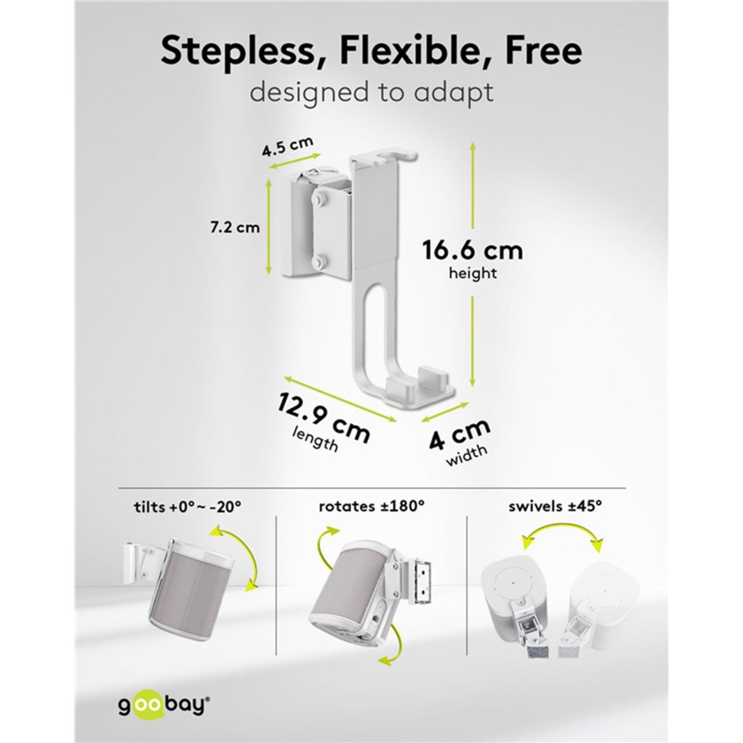 Goobay 2-pak højttalerbeslag til Sonos One/One SL hvid, mål 16,6x12,9x4,5x4 cm, vip 0-20°, rotation 180°, sving ±45°.