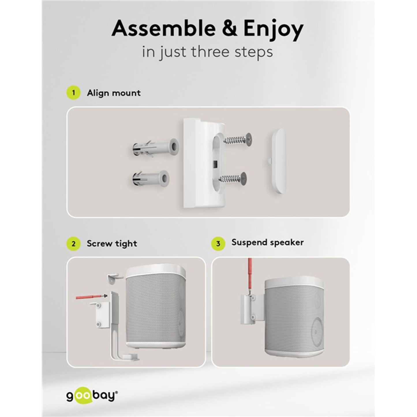 Goobay 2-pak højttalerbeslag til Sonos One/One SL hvid, trinvis montageillustration og Goobay-logo nederst.
