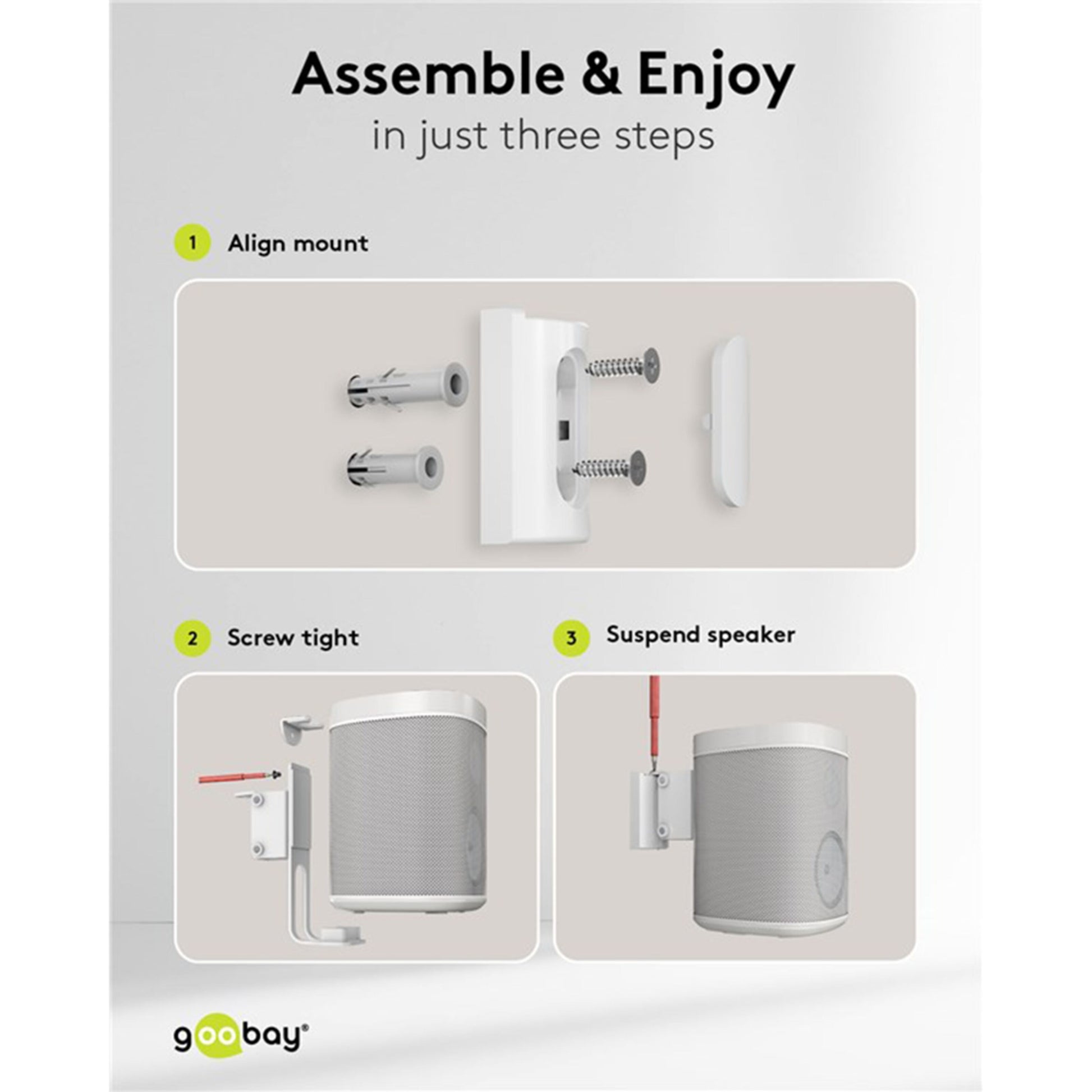 Goobay 2-pak højttalerbeslag til Sonos One/One SL hvid, trinvis montageillustration og Goobay-logo nederst.