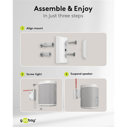 Goobay 2-pak højttalerbeslag til Sonos One/One SL hvid, trinvis montageillustration og Goobay-logo nederst.