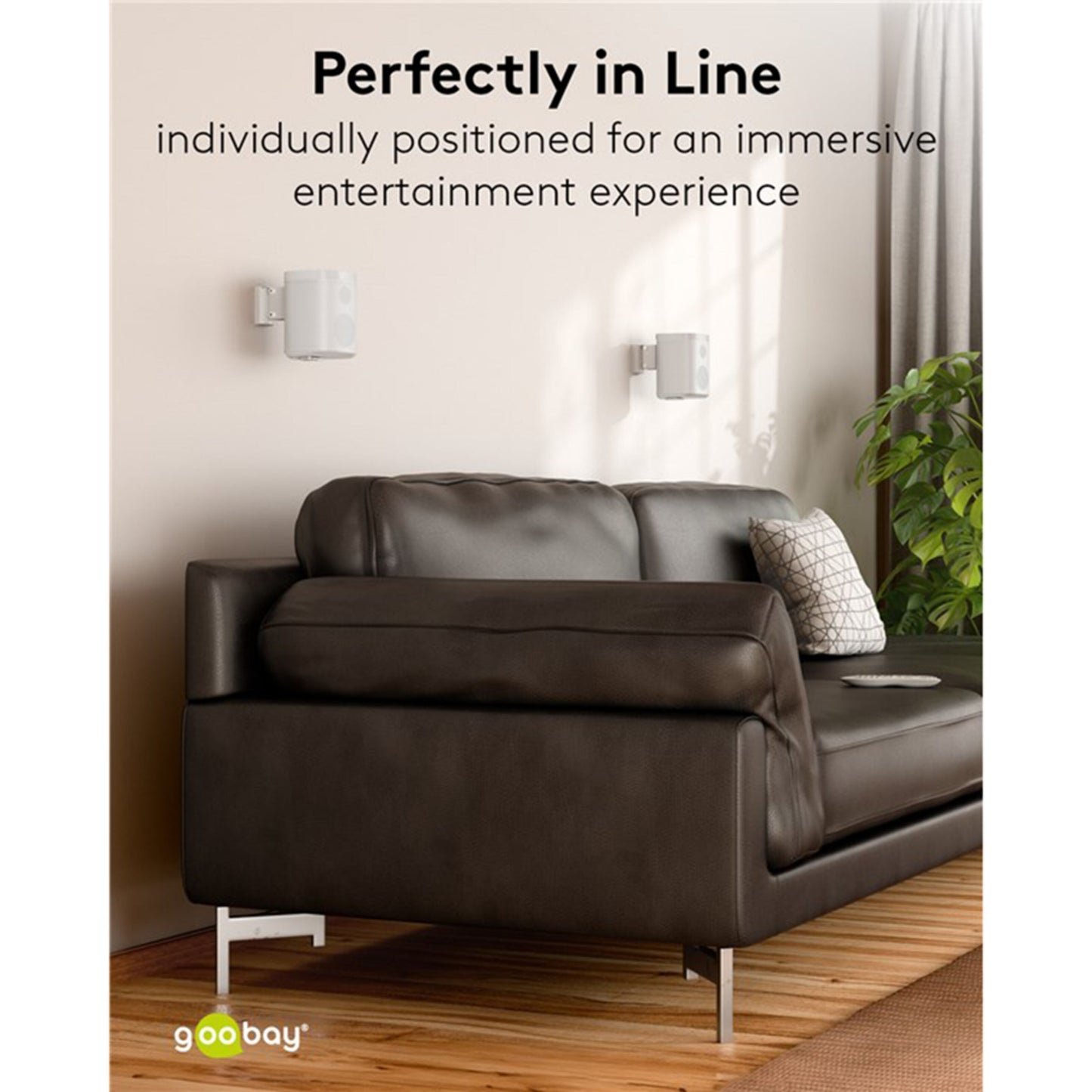 Sonos One højttalere monteret med 2-pak hvide højttalerbeslag til Sonos One/One SL, tekst: Perfekt på linje.