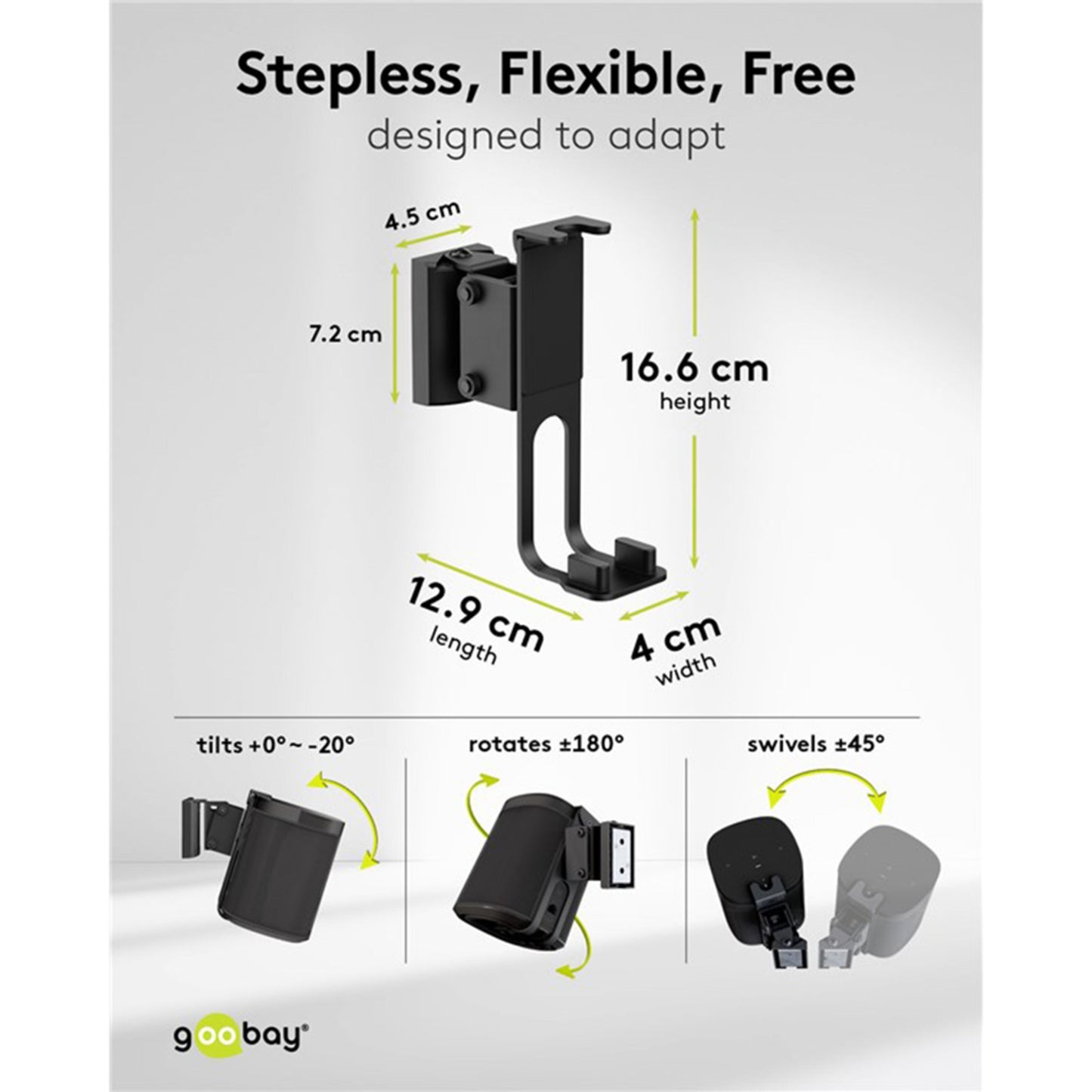Højttalerbeslag 2-pak til Sonos One/One SL sort, 16,6x12,9x4 cm, hældning 0-20°, rotation 180°, sving ±45°.
