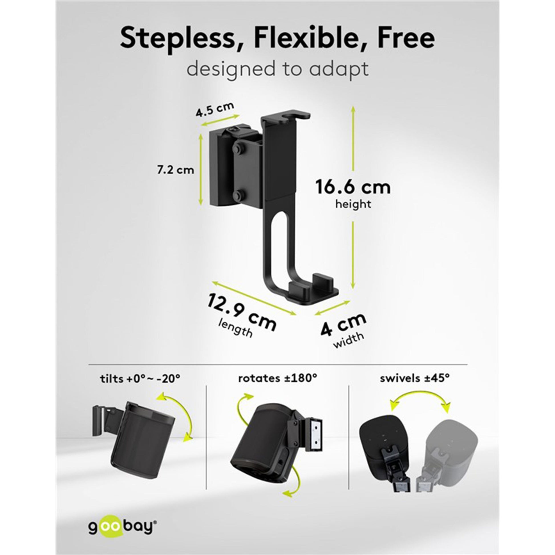Højttalerbeslag 2-pak til Sonos One/One SL sort, 16,6x12,9x4 cm, hældning 0-20°, rotation 180°, sving ±45°.