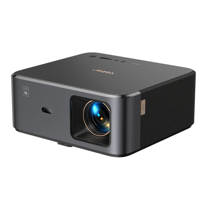 Yaber K2s Premier Theater Full HD-projektor sort, rektangulær, frontlinse venstre, side-logo, topknapper, Android TV.