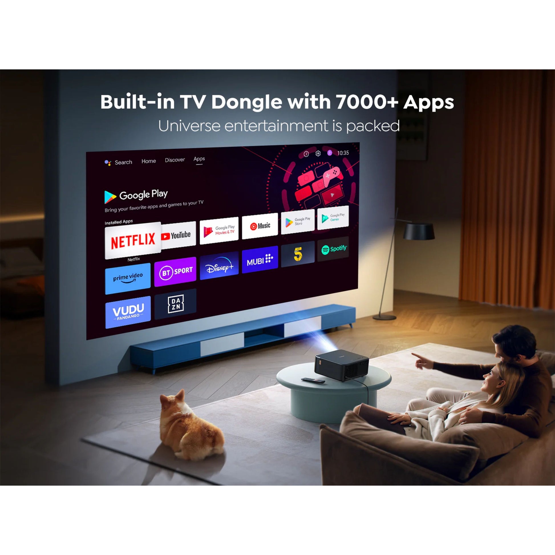 Yaber K2s Premier Theater Full HD-projektor på bord, viser Netflix og YouTube, tekst: Indbygget TV-dongle 7000+ apps.