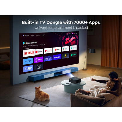 Yaber K2s Premier Theater Full HD-projektor på bord, viser Netflix og YouTube, tekst: Indbygget TV-dongle 7000+ apps.
