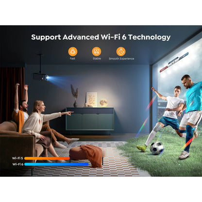 Yaber K2s Premier Theater Full HD-projektor med Wi-Fi 6, vist med streamingikoner og fodboldkamp på skærmen.
