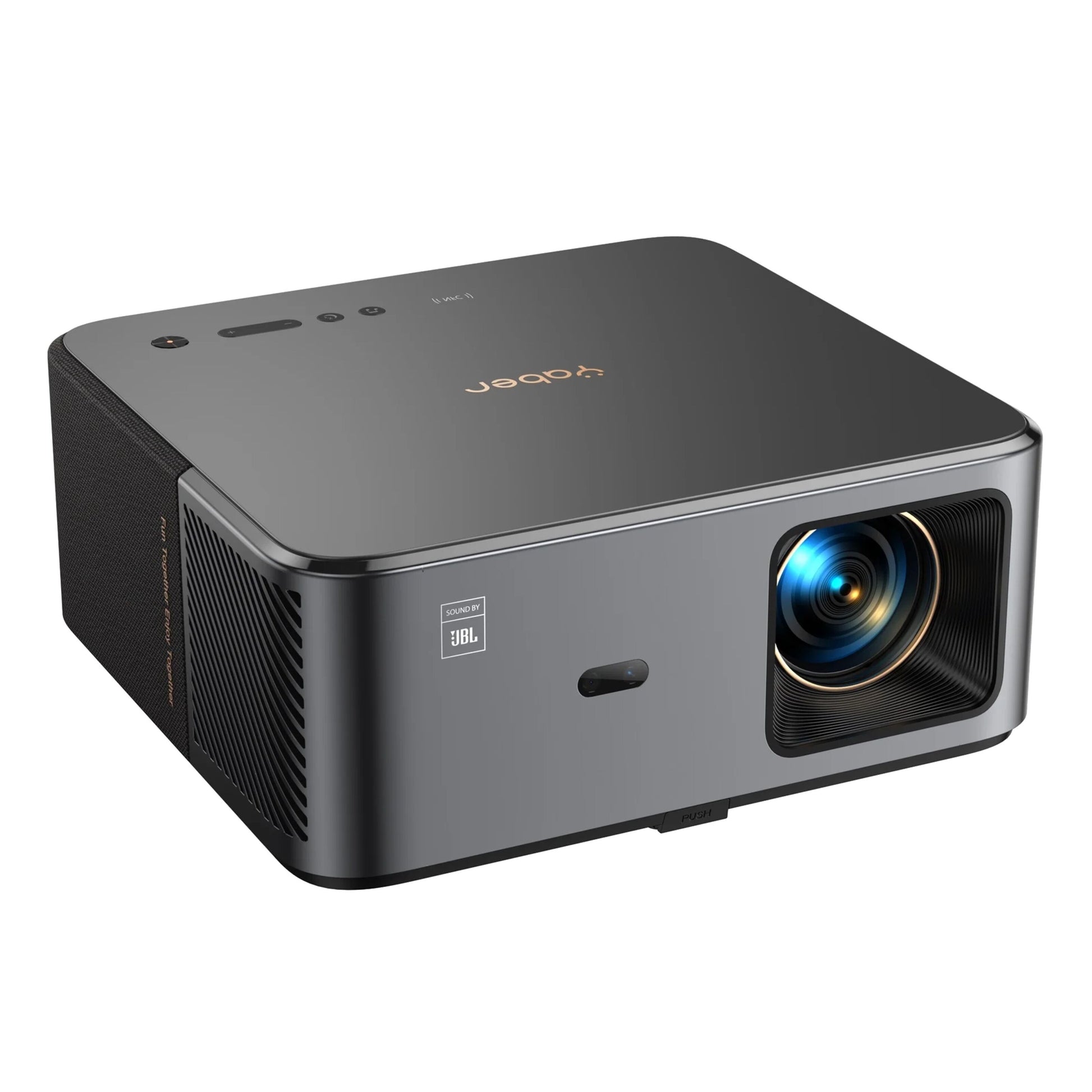Yaber K2s Premier Theater Full HD-projektor, sort kvadratisk design, front-højre linse, touchknapper, Android TV.