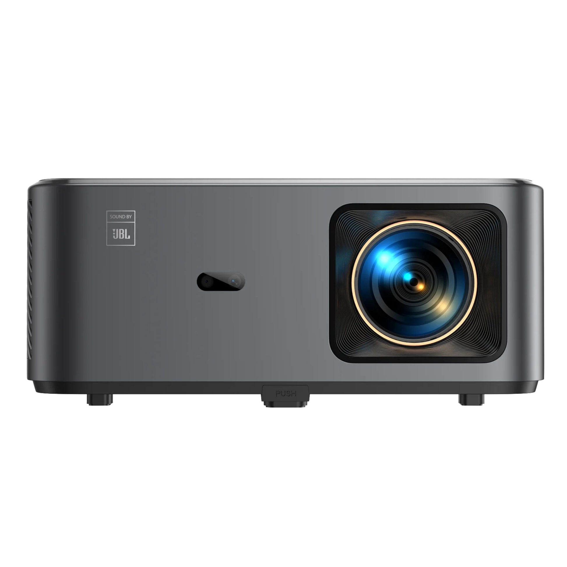 Yaber K2s Premier Theater Full HD-projektor, sort, blå belyst højre linse, JBL logo venstre, frontknapper, Android TV.