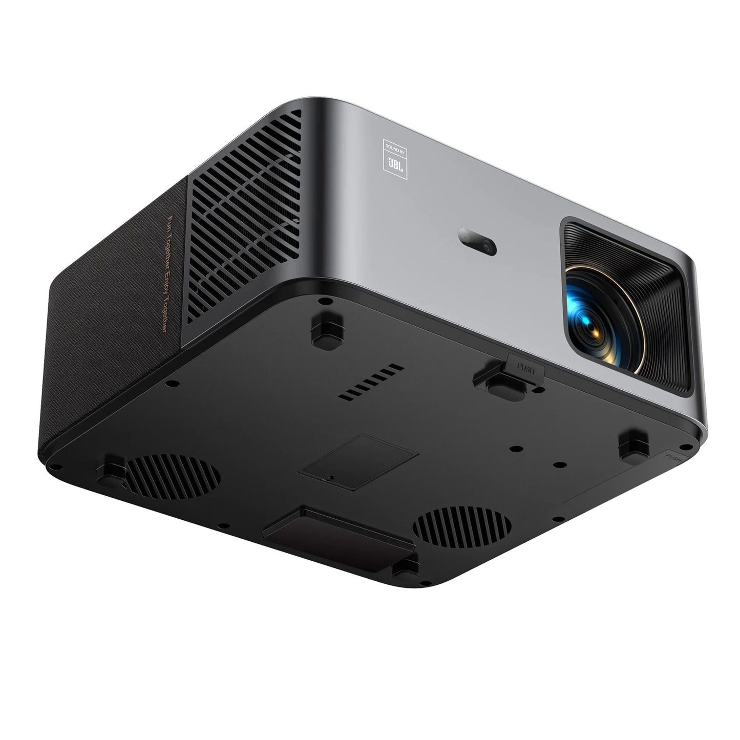 Yaber K2s Premier Theater Full HD-projektor, grå/sort, rektangulær med synlig linse og ventilationsgitter, Android TV.