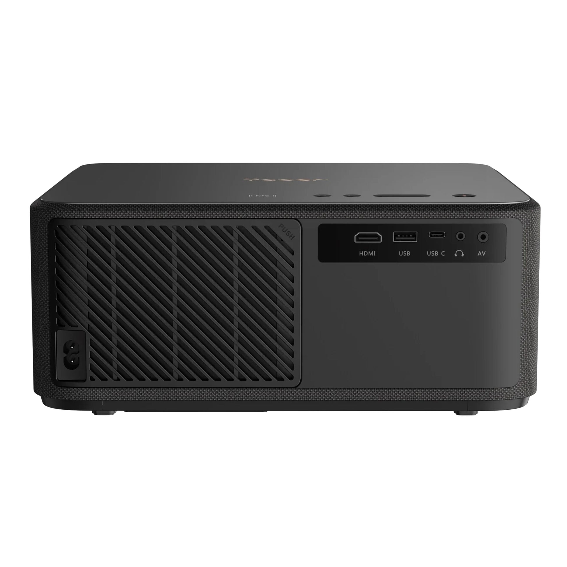 Yaber K2s Premier Theater Full HD-projektor sort, bagfra med HDMI, USB, USB-C, hovedtelefonstik, AV-indgang, køleventil.