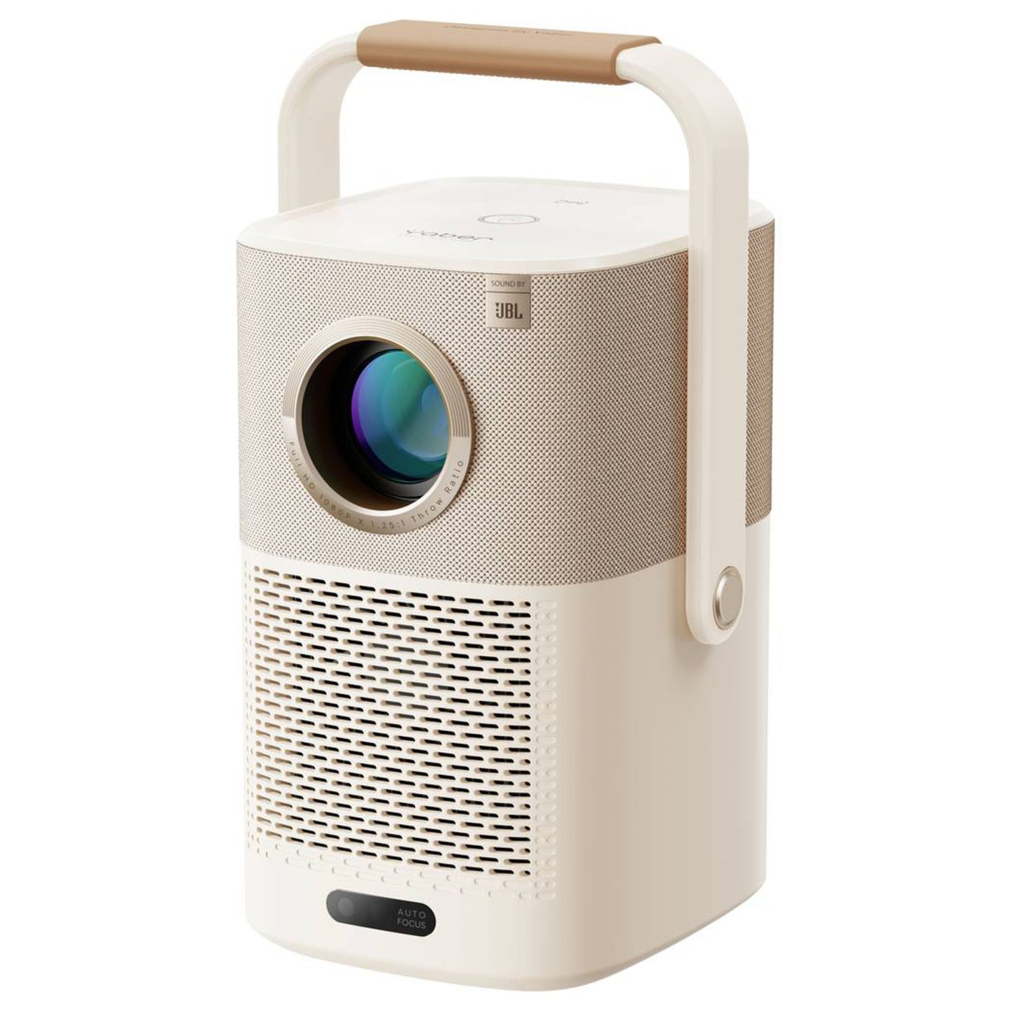 Yaber T2 Plus bærbar Full HD-projektor i beige med stor linse, højttalergitter, brun hank og Auto Focus label.