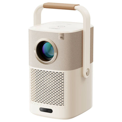 Yaber T2 Plus bærbar Full HD-projektor i beige med stor linse, højttalergitter, brun hank og Auto Focus label.