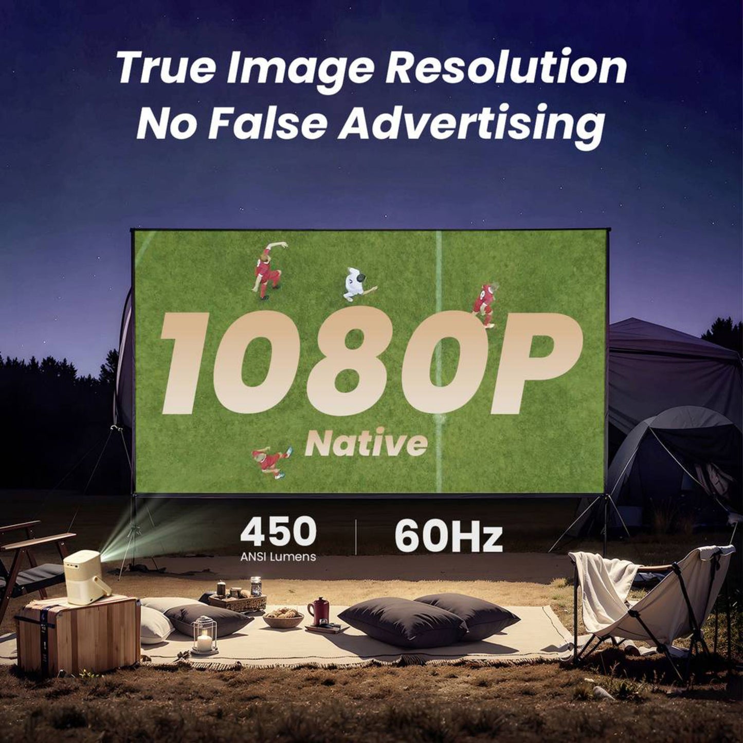 Yaber T2 Plus bærbar projektor, Full HD 1080P, 450 ANSI Lumens, 60Hz, anvendt udendørs ved bålsted.