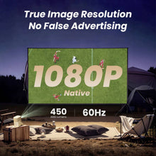 Yaber T2 Plus bærbar projektor, Full HD 1080P, 450 ANSI Lumens, 60Hz, anvendt udendørs ved bålsted.