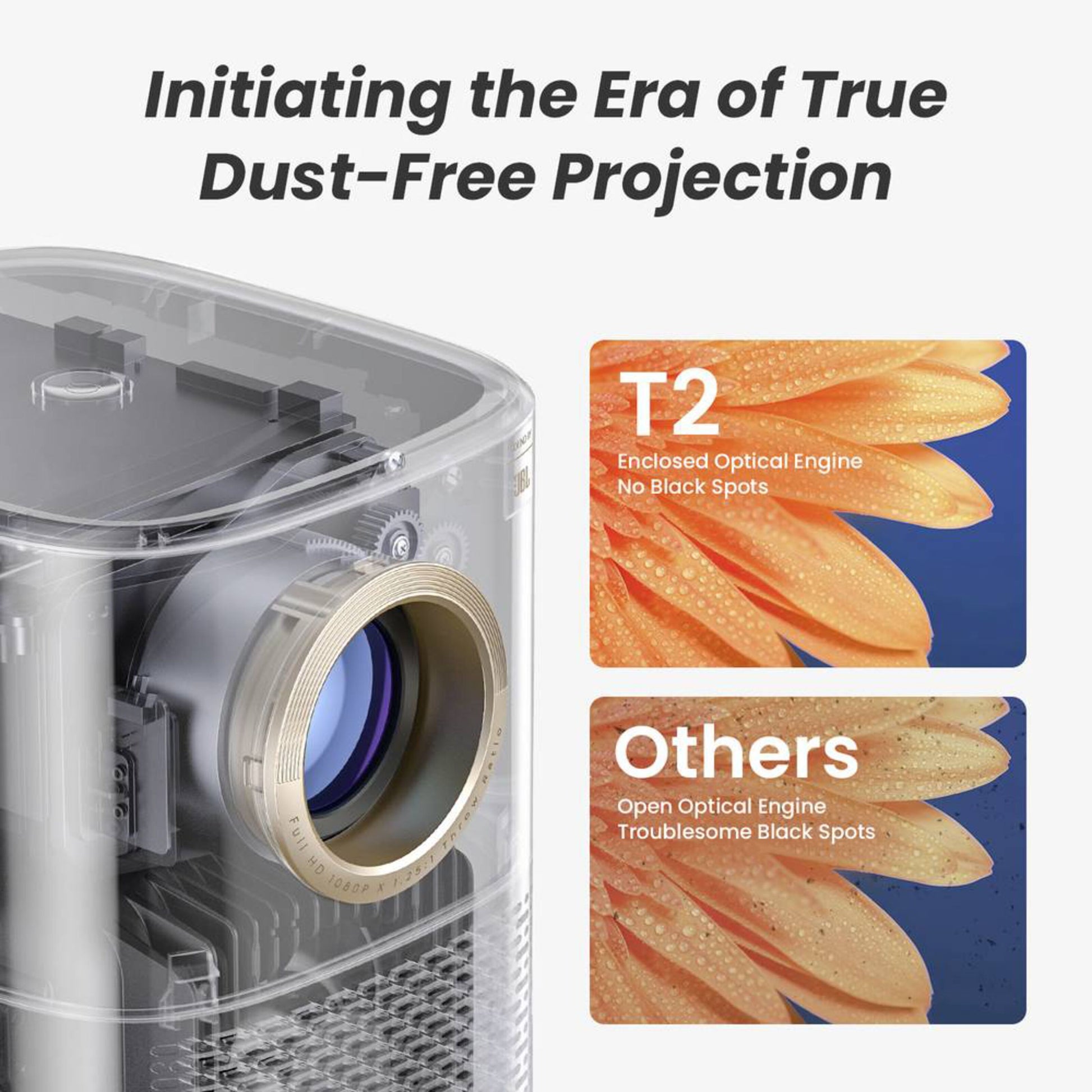 Yaber T2 Plus bærbar Full HD-projektor med indkapslet linse, tekst: Indleder æraen med ægte støvfri projektion.