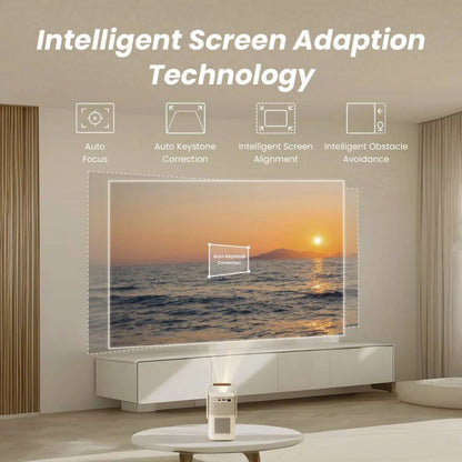 Yaber T2 Plus bærbar Full HD-projektor i stue viser solnedgang, autofokus, auto keystone, skærmjustering.