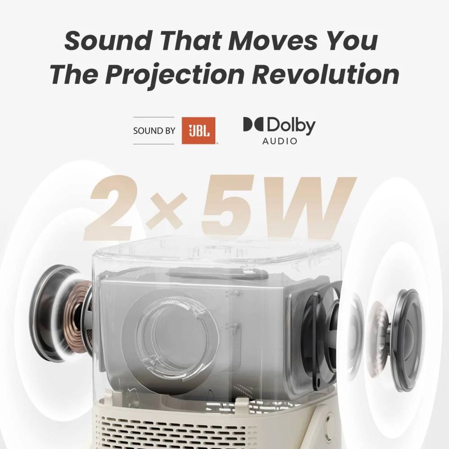 Yaber T2 Plus bærbar Full HD-projektor med 2 x 5W højttalere, tekst "Sound That Moves You" og JBL samt Dolby Audio-logoer.