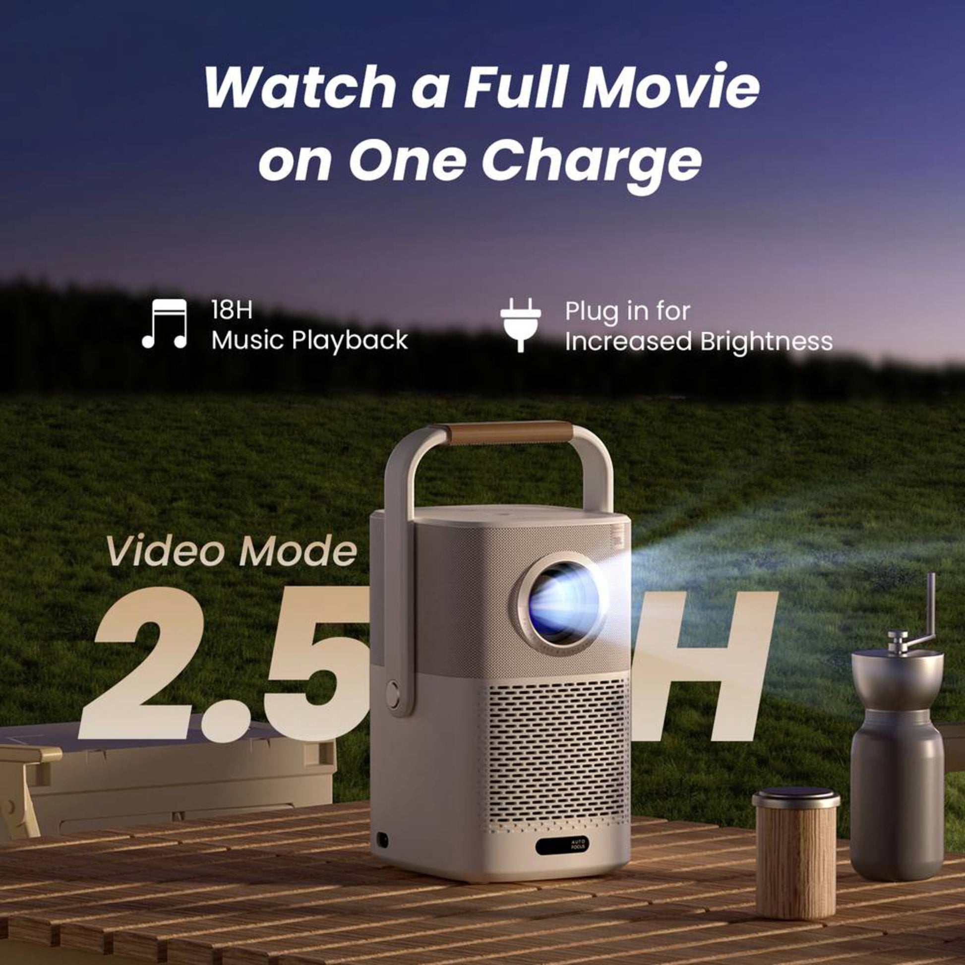 Yaber T2 Plus bærbar Full HD-projektor udendørs, tekst: "Se en hel film på én opladning", ikoner for 18H musik, plug-in, Video Mode 2.5H.