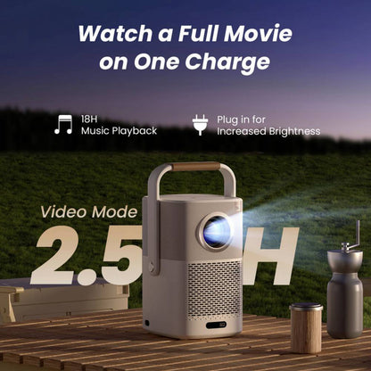 Yaber T2 Plus bærbar Full HD-projektor udendørs, tekst: "Se en hel film på én opladning", ikoner for 18H musik, plug-in, Video Mode 2.5H.