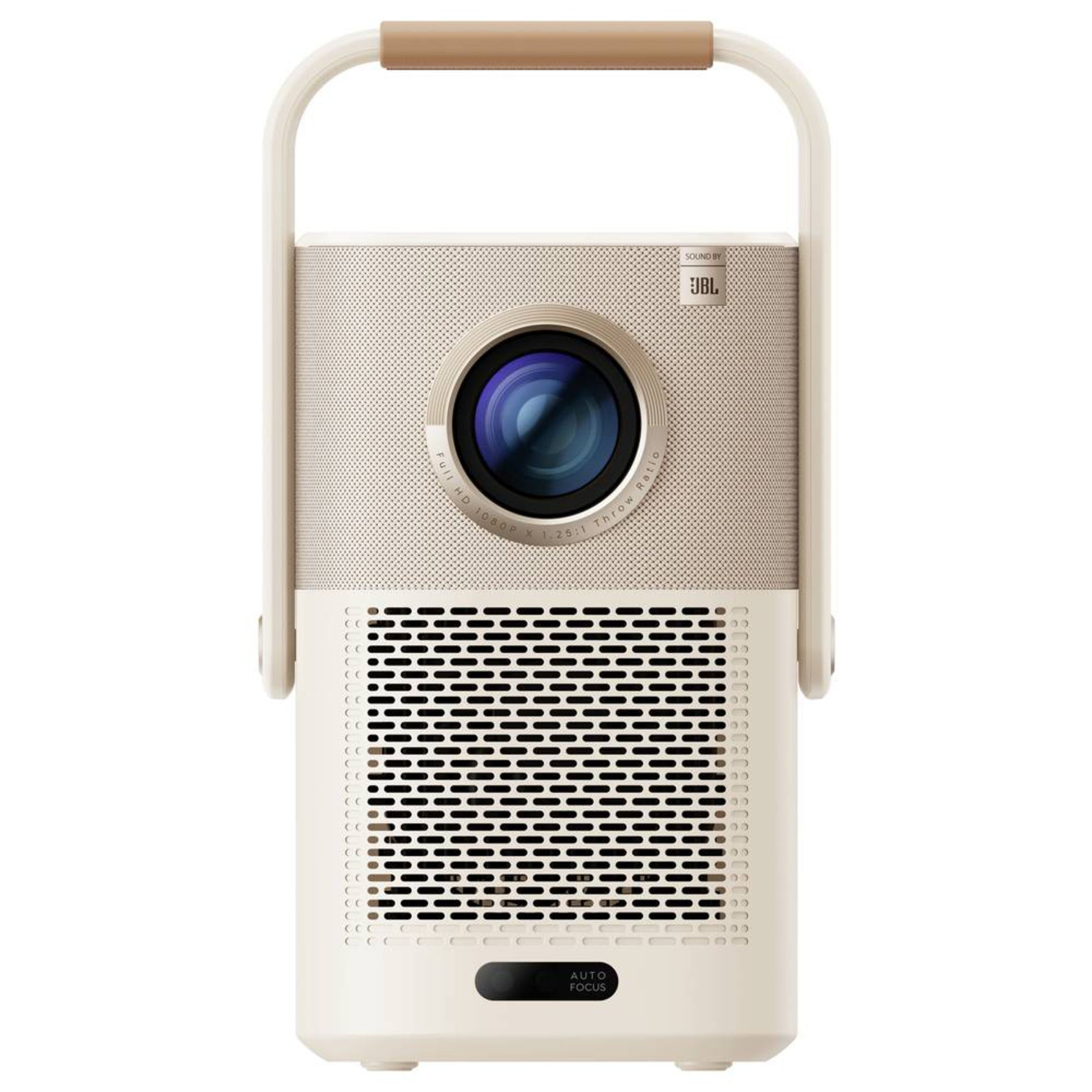 Yaber T2 Plus bærbar Full HD-projektor i beige med brun hank, central linse og JBL-højttaler.