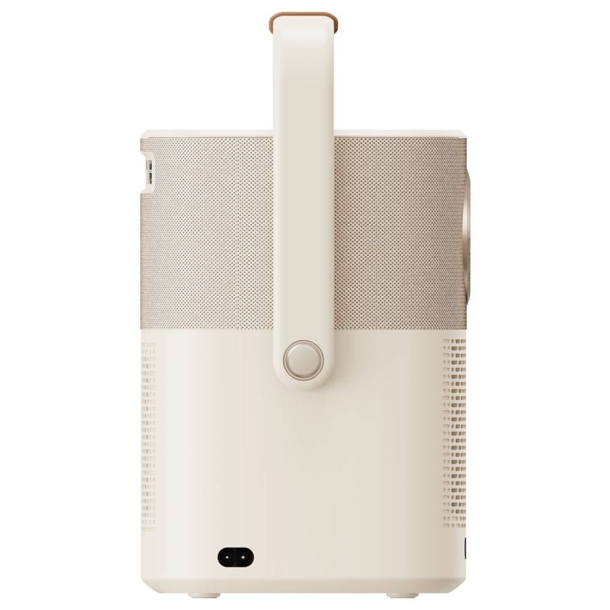 Yaber T2 Plus bærbar Full HD-projektor med håndtag, meshdetaljer øverst, rund knap på håndtaget og strømport i bunden.