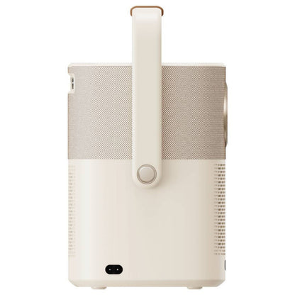 Yaber T2 Plus bærbar Full HD-projektor med håndtag, meshdetaljer øverst, rund knap på håndtaget og strømport i bunden.