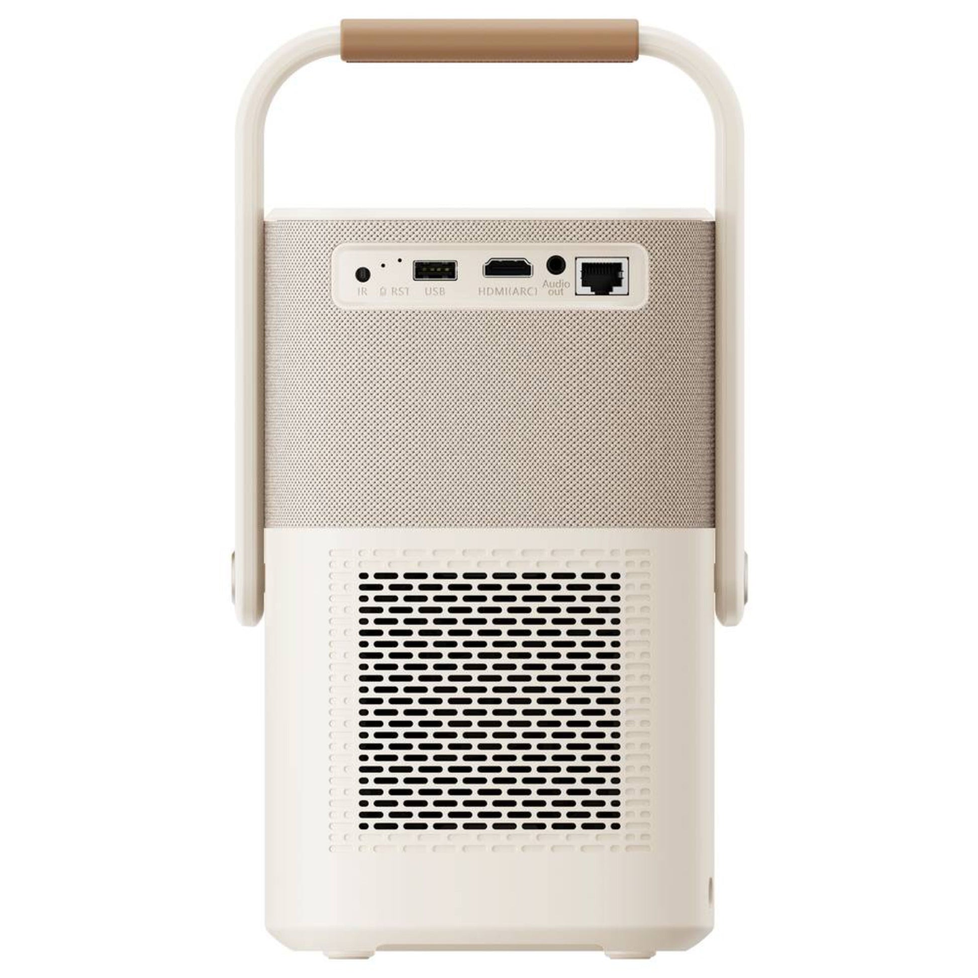 Yaber T2 Plus bærbar Full HD-projektor i beige med brun hank, ventilationsgitter, USB-, HDMI- og LAN-port, kontrolknapper bagpå.