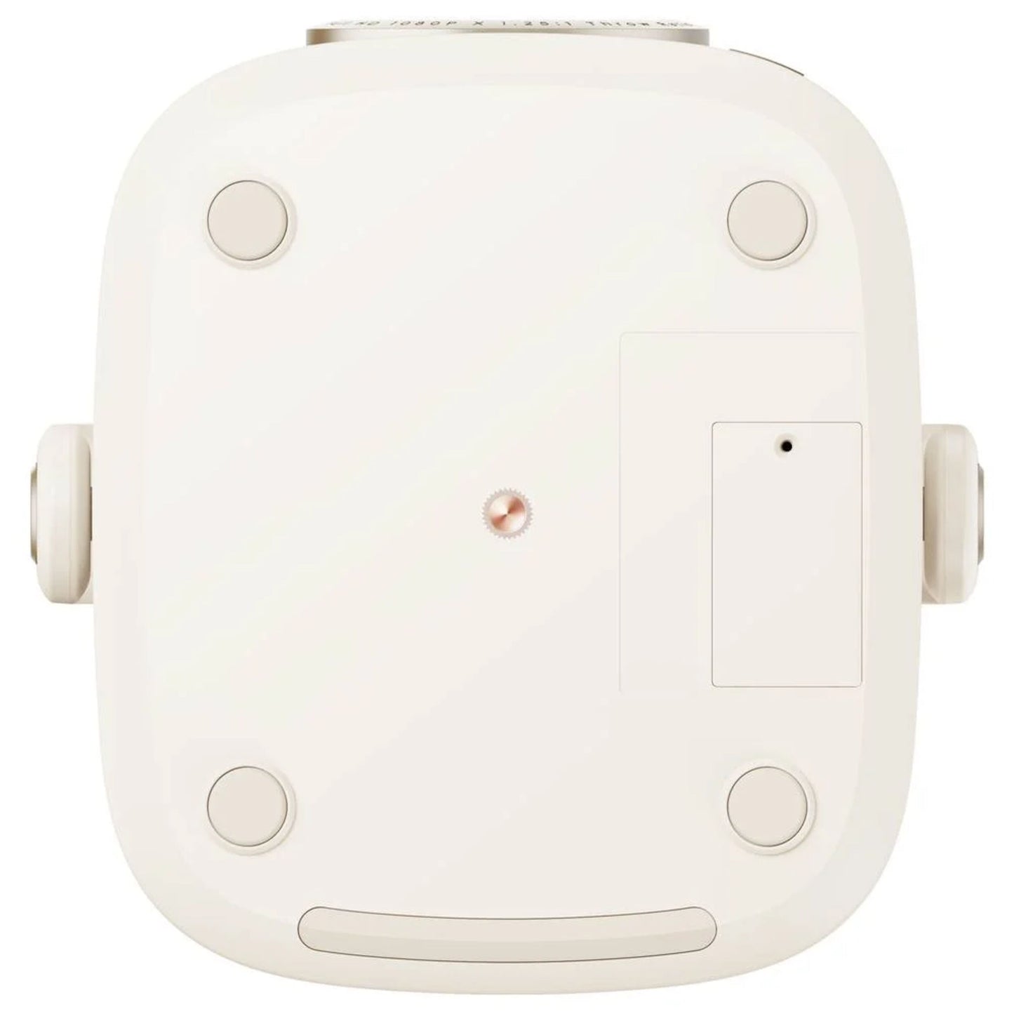 Yaber T2 Plus bærbar Full HD-projektor top, firkantet med afrundede kanter, fire fødder, centralskrue, to sideknapper.