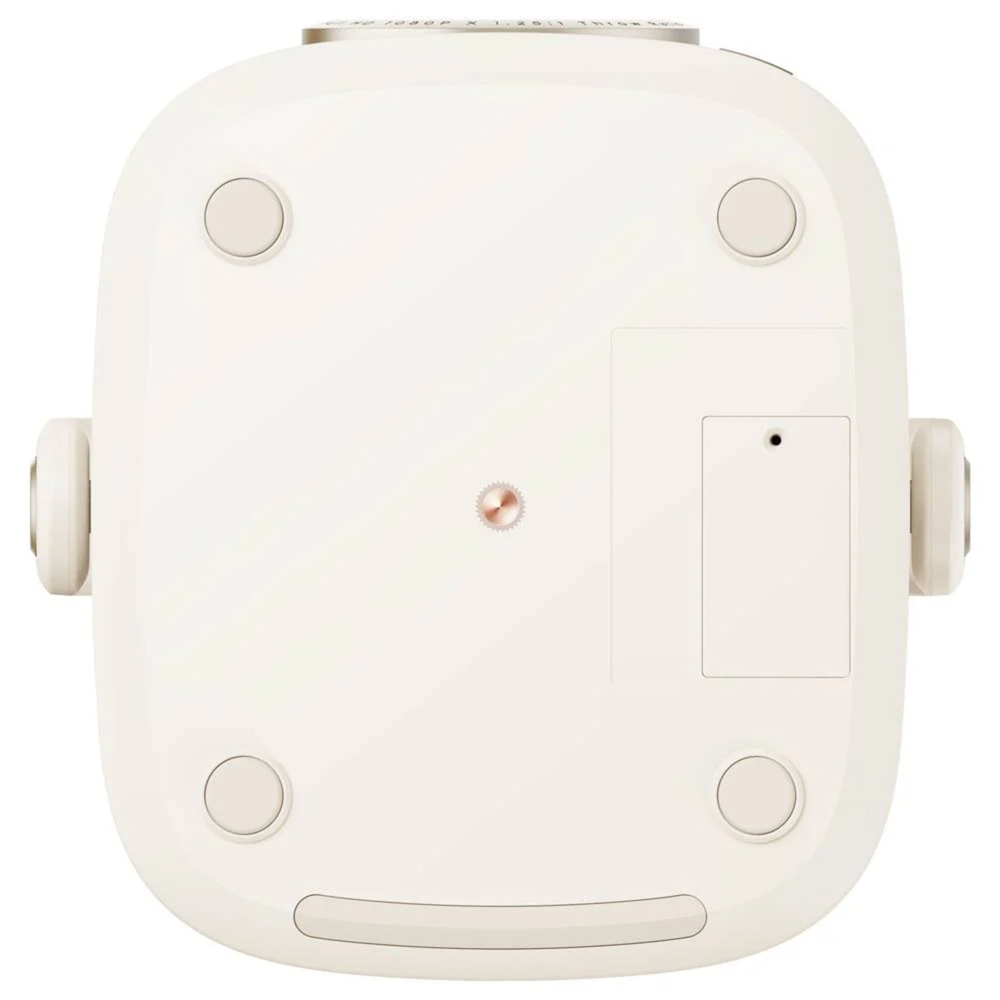 Yaber T2 Plus bærbar Full HD-projektor top, firkantet med afrundede kanter, fire fødder, centralskrue, to sideknapper.