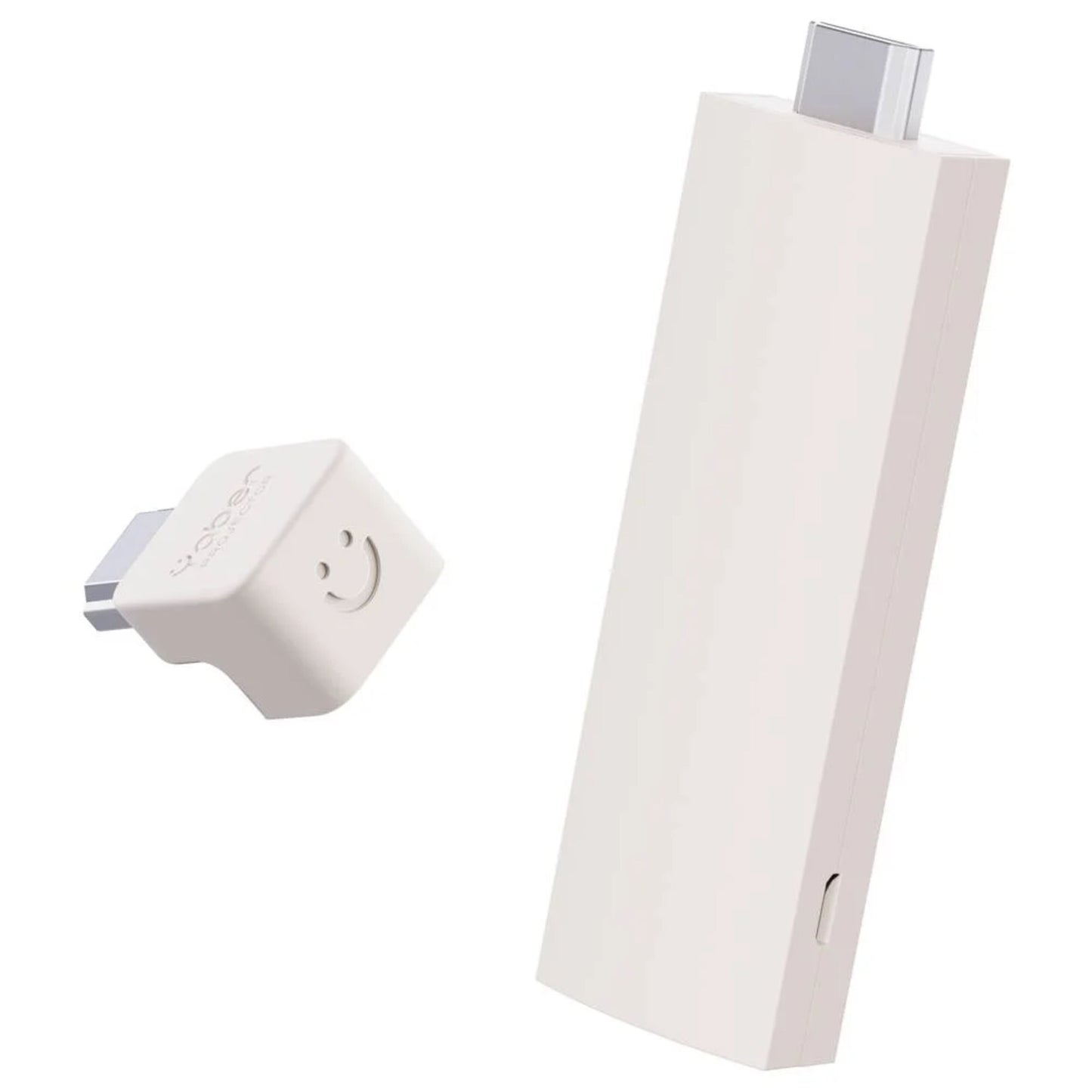 Yaber T2 Plus bærbar Full HD-projektor i hvid med USB-C, lille hvid adapter med smiley-ansigt.