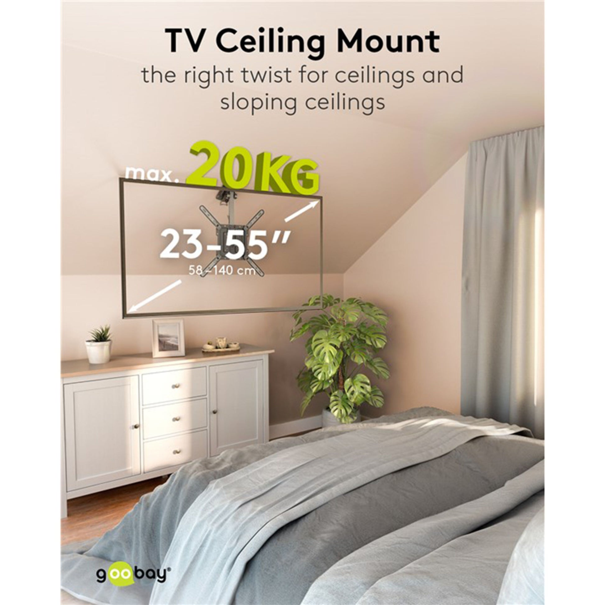 Goobay loftbeslag til TV 23-55" max 20kg, monteret på skråt loft i soveværelse med kommode, plante og seng.