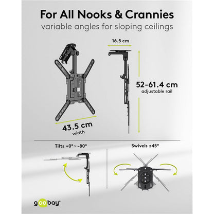 Goobay loftbeslag til TV 23-55" skrå loft, justerbar skinne 52-61,4 cm, bredde 43,5 cm, dybde 16,5 cm, tilt 0-80°, drej ±45°.
