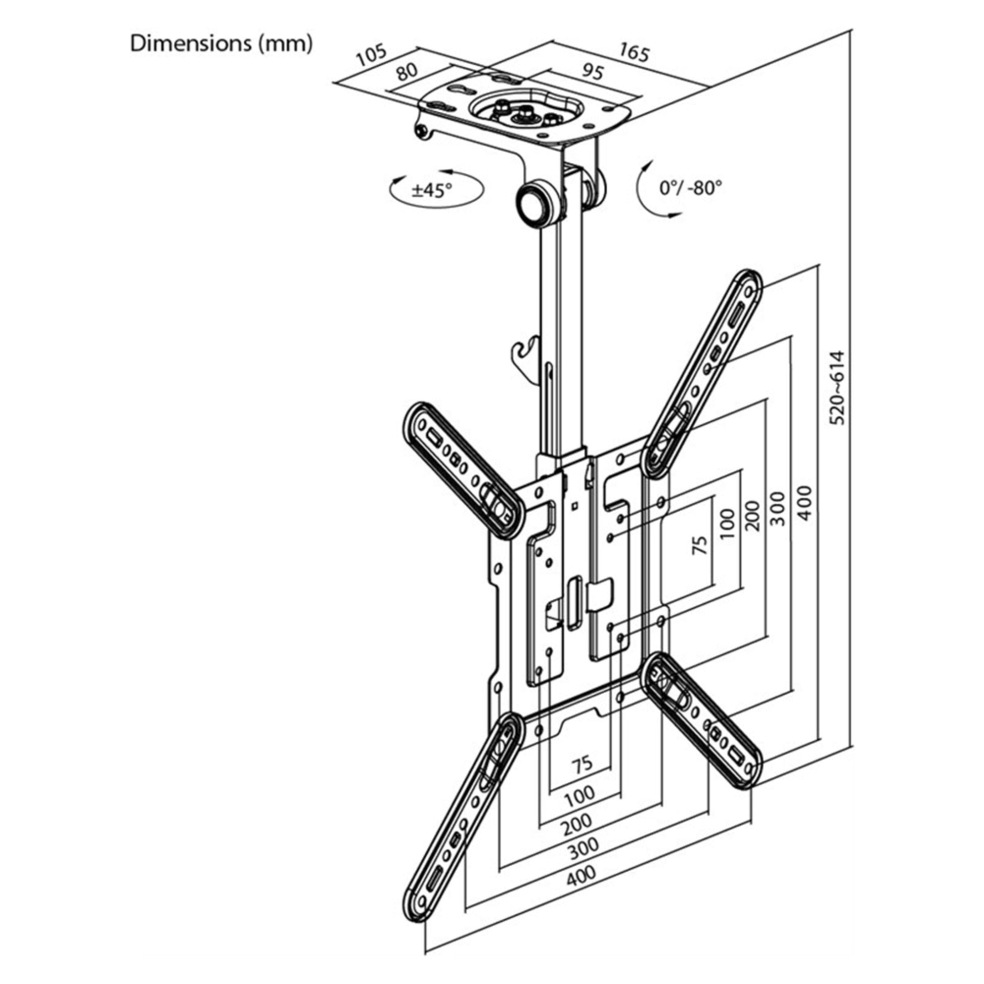 Diagram over Goobay loftbeslag til TV 23-55", millimetermål, beslagarme, monteringsplade, tilt og højdejustering.