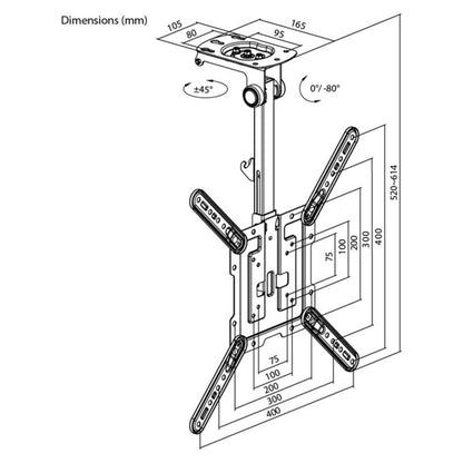 Diagram over Goobay loftbeslag til TV 23-55", millimetermål, beslagarme, monteringsplade, tilt og højdejustering.