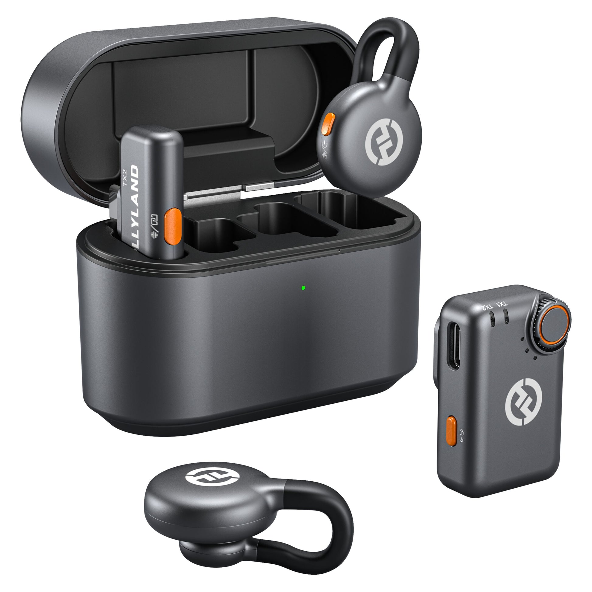 Hollyland Lark M2S Mini Combo sort trådløst mikrofon sæt med opladeetui, 2 ørepropper, 2 små receivere, hvidt logo med orange.
