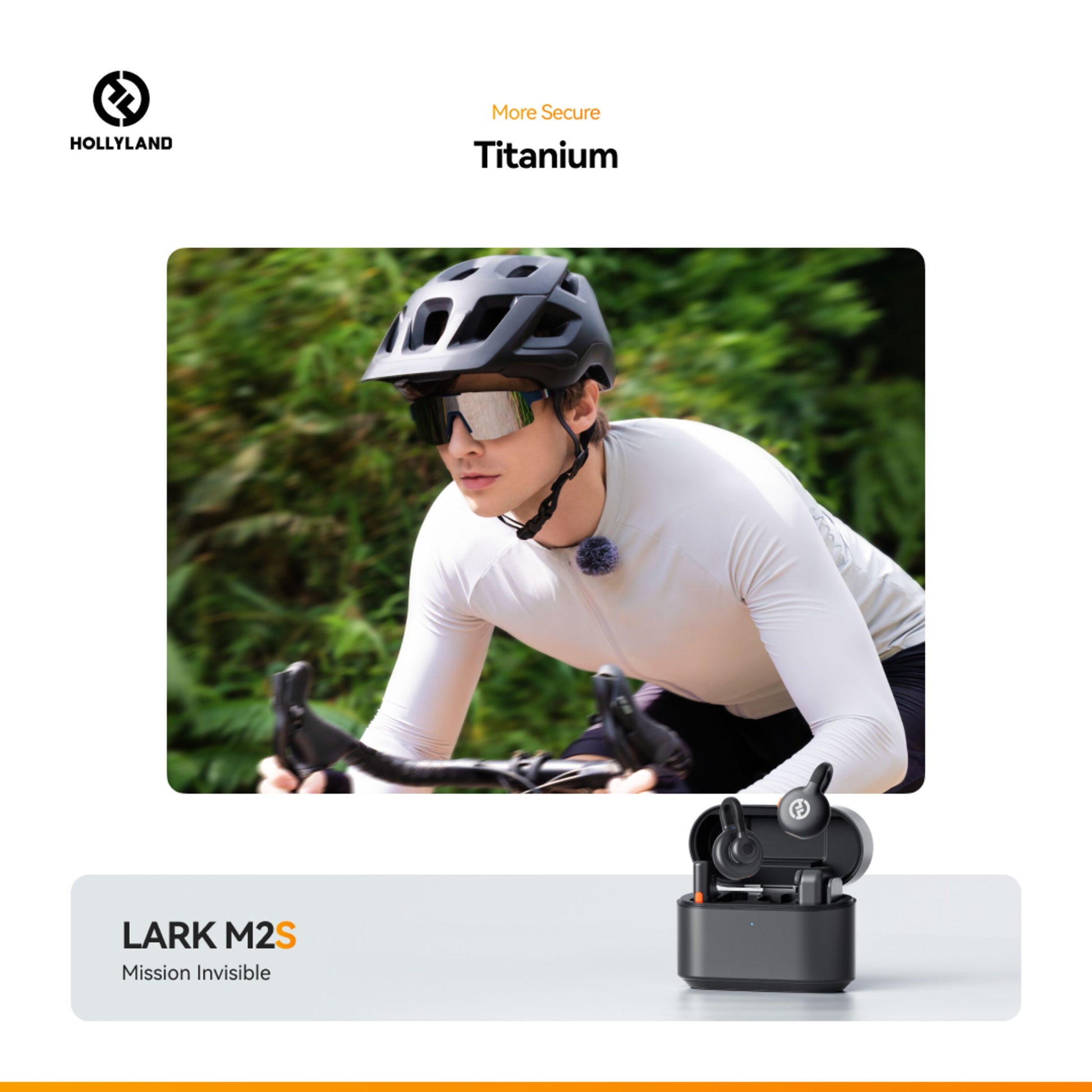 Hollyland Lark M2S Mini Combo i opladeetui med tekst: LARK M2S Mission Invisible, vist under cyklist med hjelm og solbriller.