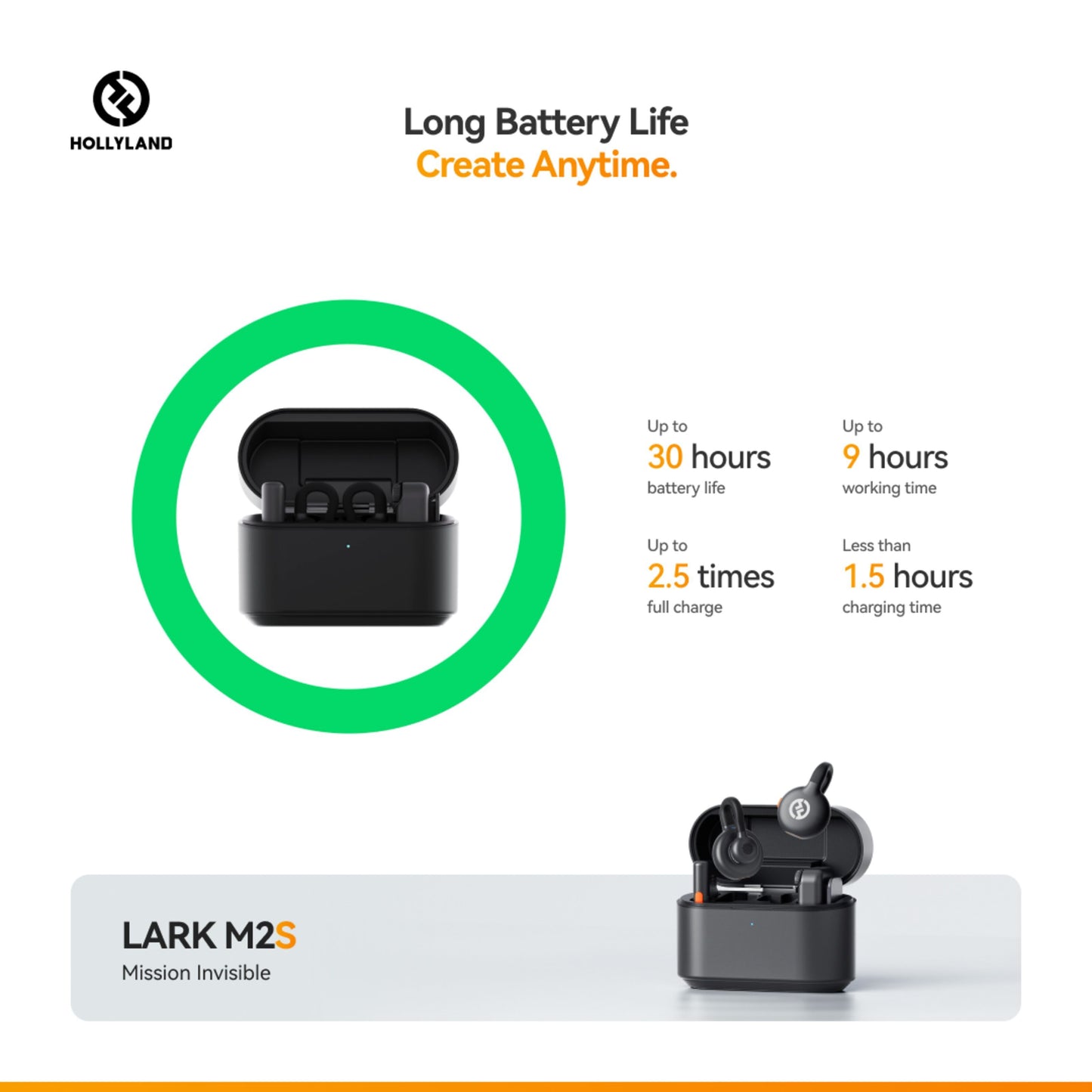 Hollyland Lark M2S Mini Combo trådløse in-ear mikrofoner med opladeetui, op til 30t batteri, 9t drift, sort.