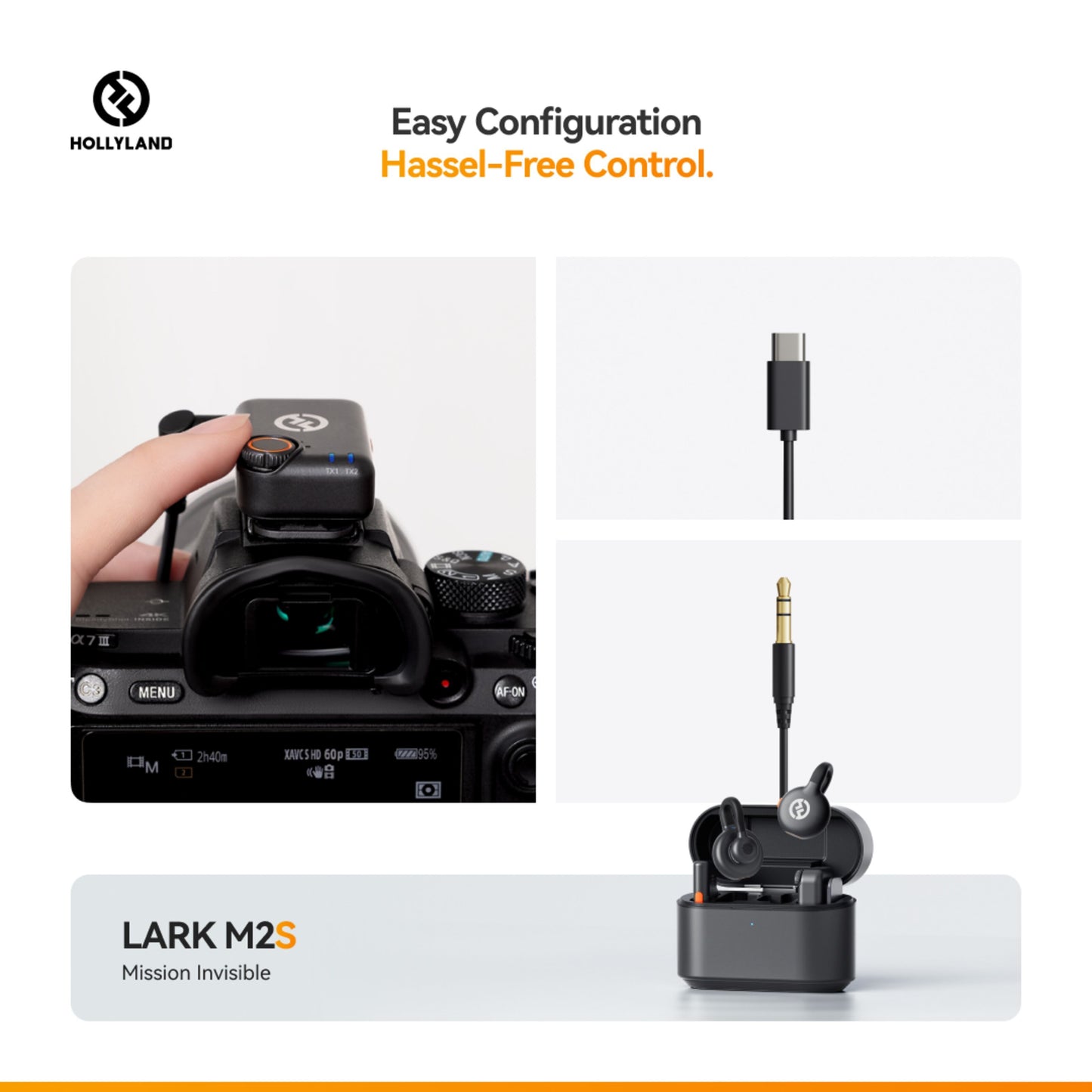 Hollyland Lark M2S Mini Combo trådløs mikrofon, USB-C kabel, 3,5 mm jack, opladeetui, to mikrofoner ved kamera.