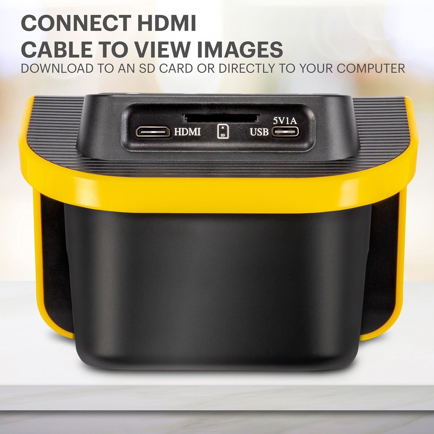 Kodak negativ- og dias-scanner sort/gul med HDMI-port, tekst: Tilslut HDMI-kabel for at se billeder, understøttelse af USB/SD-kort.