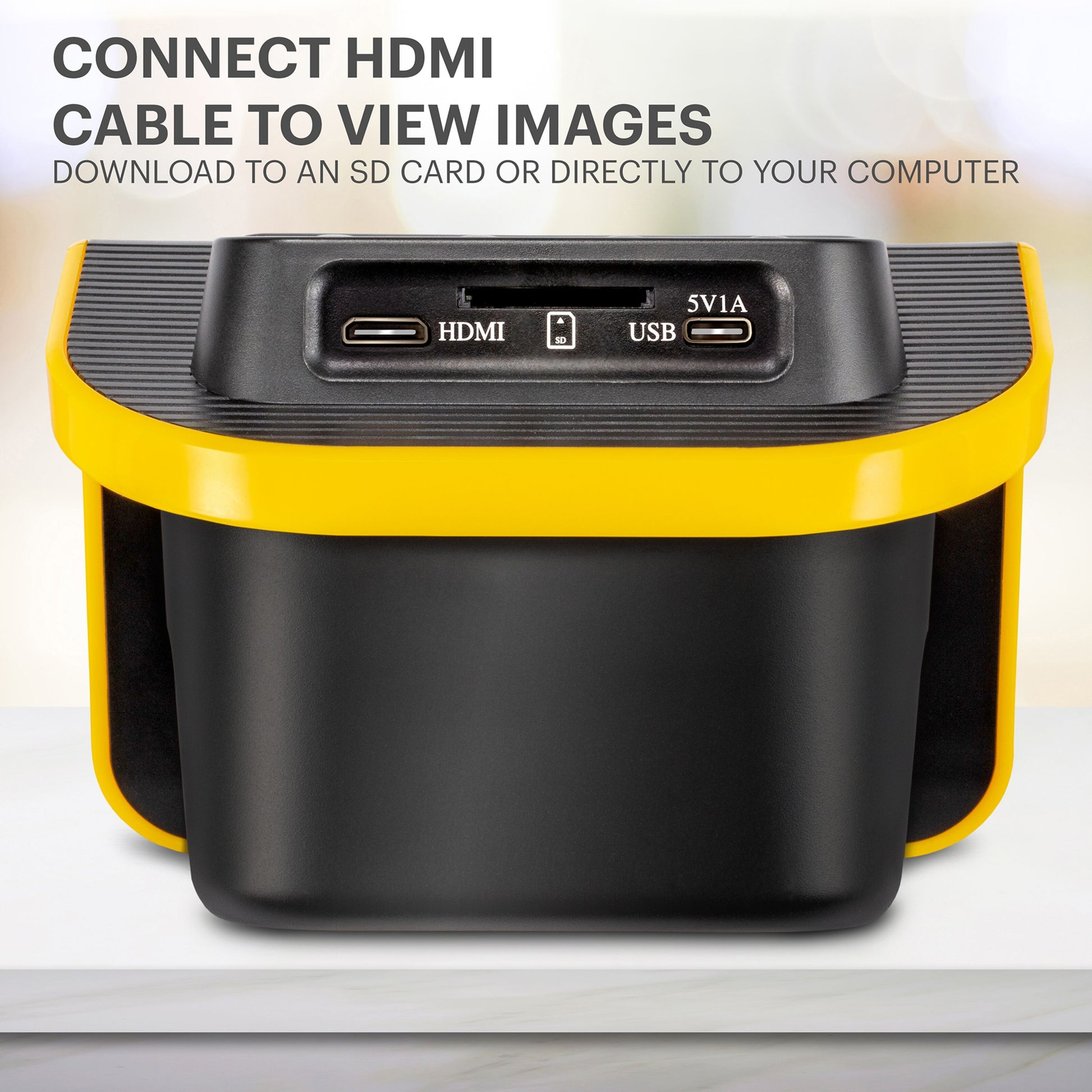Kodak negativ- og dias-scanner sort/gul med HDMI-port, tekst: Tilslut HDMI-kabel for at se billeder, understøttelse af USB/SD-kort.