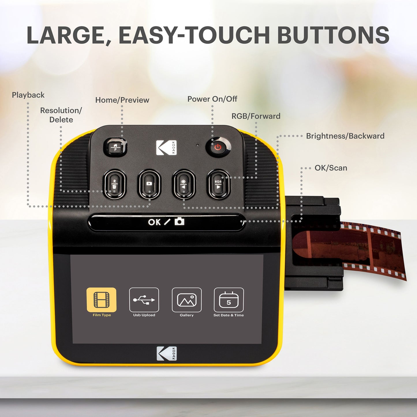 Kodak Film Scanner negativ- og dias scanner med store knapper, tydelige menuikoner på skærm til digitalisering af filmstrimler.