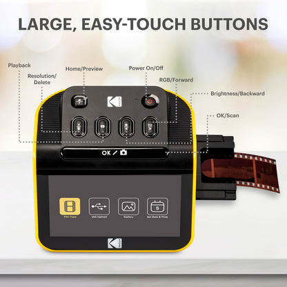 Kodak Film Scanner negativ- og dias scanner med store knapper, tydelige menuikoner på skærm til digitalisering af filmstrimler.