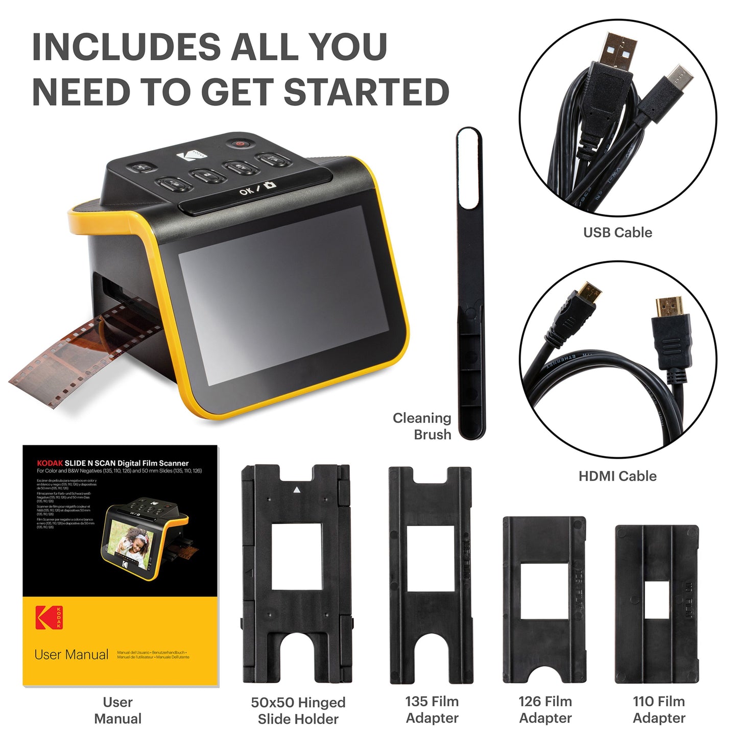 Kodak filmscanner med negativ og dias, filmstrimmel isat, inkl. USB/HDMI-kabler, børste, manual og 4 adaptere.