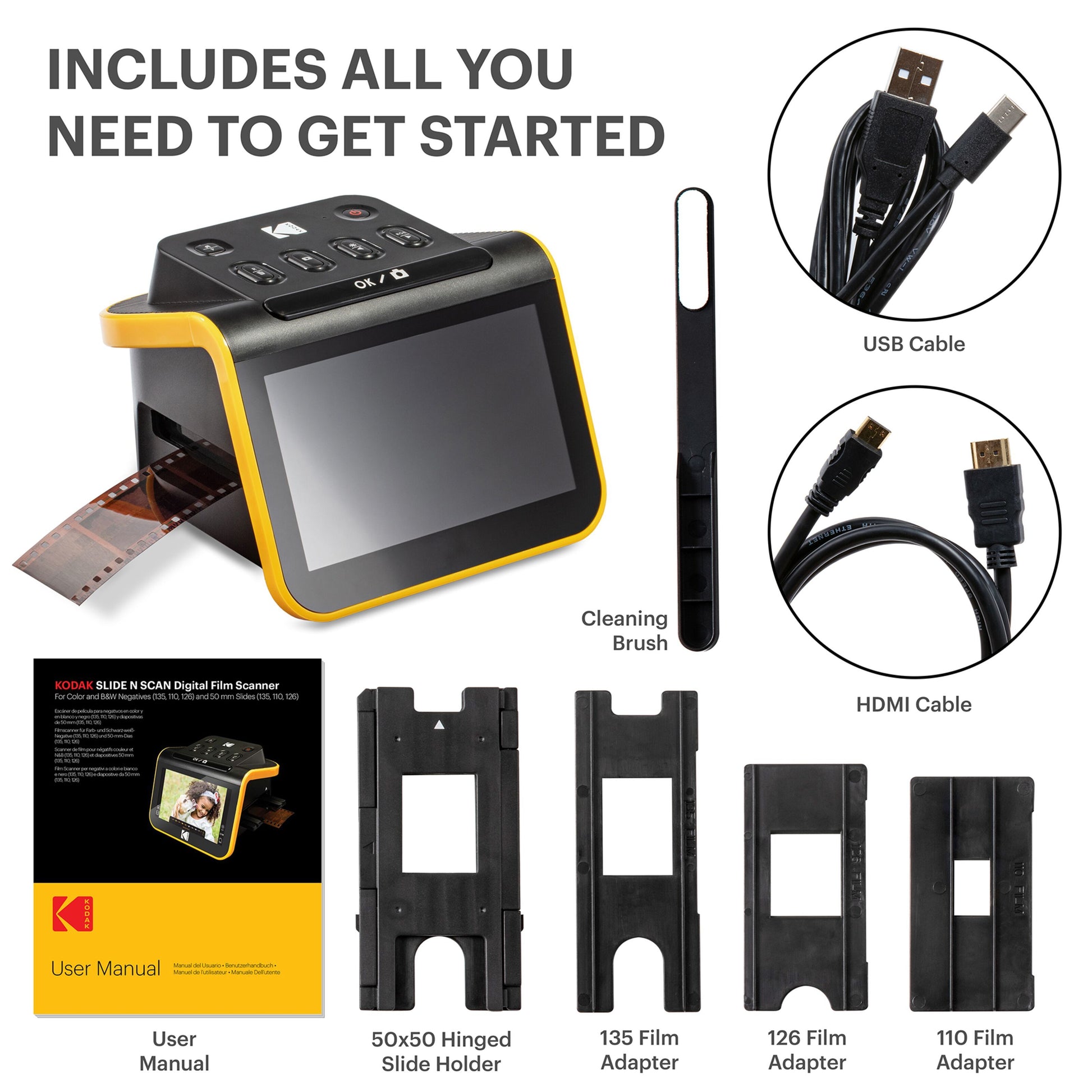 Kodak filmscanner med negativ og dias, filmstrimmel isat, inkl. USB/HDMI-kabler, børste, manual og 4 adaptere.