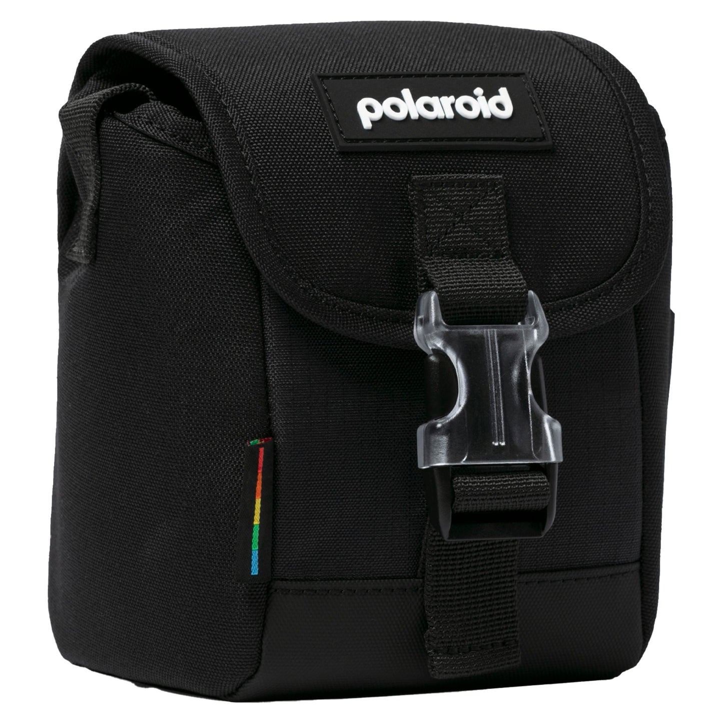 Polaroid Go opbevaringstaske sort med frontflap, plastspænde, regnbuefarvet mærke og Polaroid-logo.