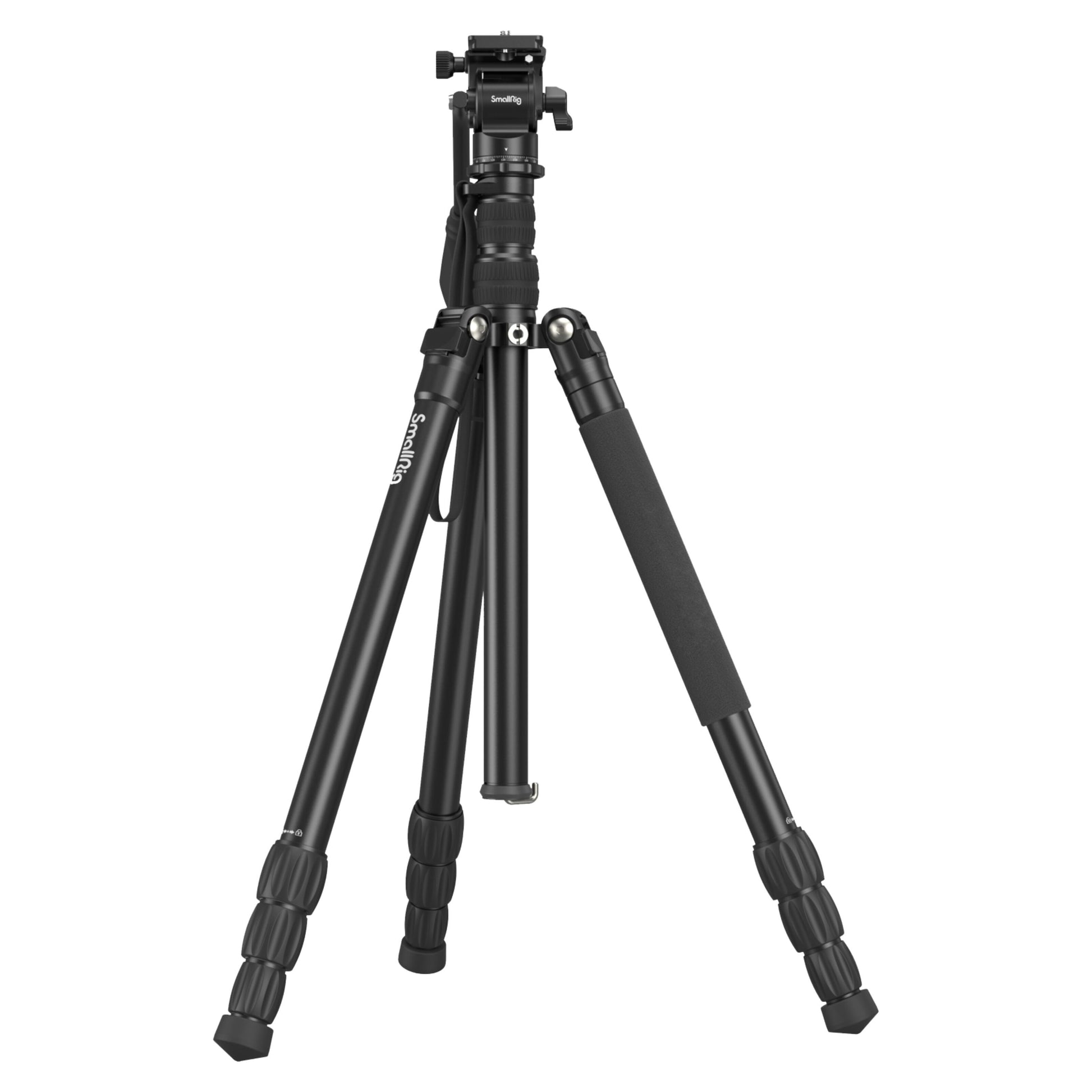 Smallrig 3760 Video Tripod CT180 sort med tre justerbare ben, et delvist aftaget skumpolstret ben, monteringsplade og låse.